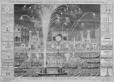 En udsigt over fyrværkeriet og belysningen af hans nåde, hertugen af Richmonds ved Whitehall og på Themsen, mandag den 15. maj 1749 (se også 8450) af English School